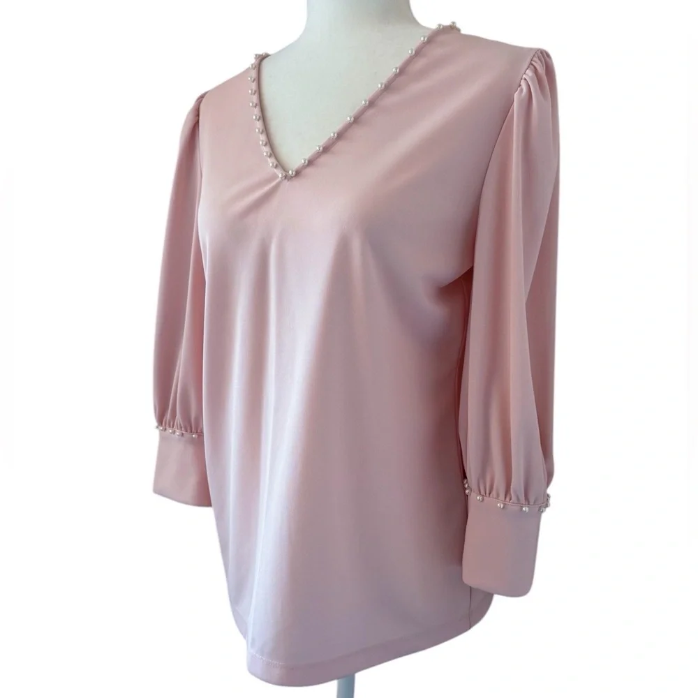 Karl Lagerfeld V Neck Blush Pink Blouse with Pearls